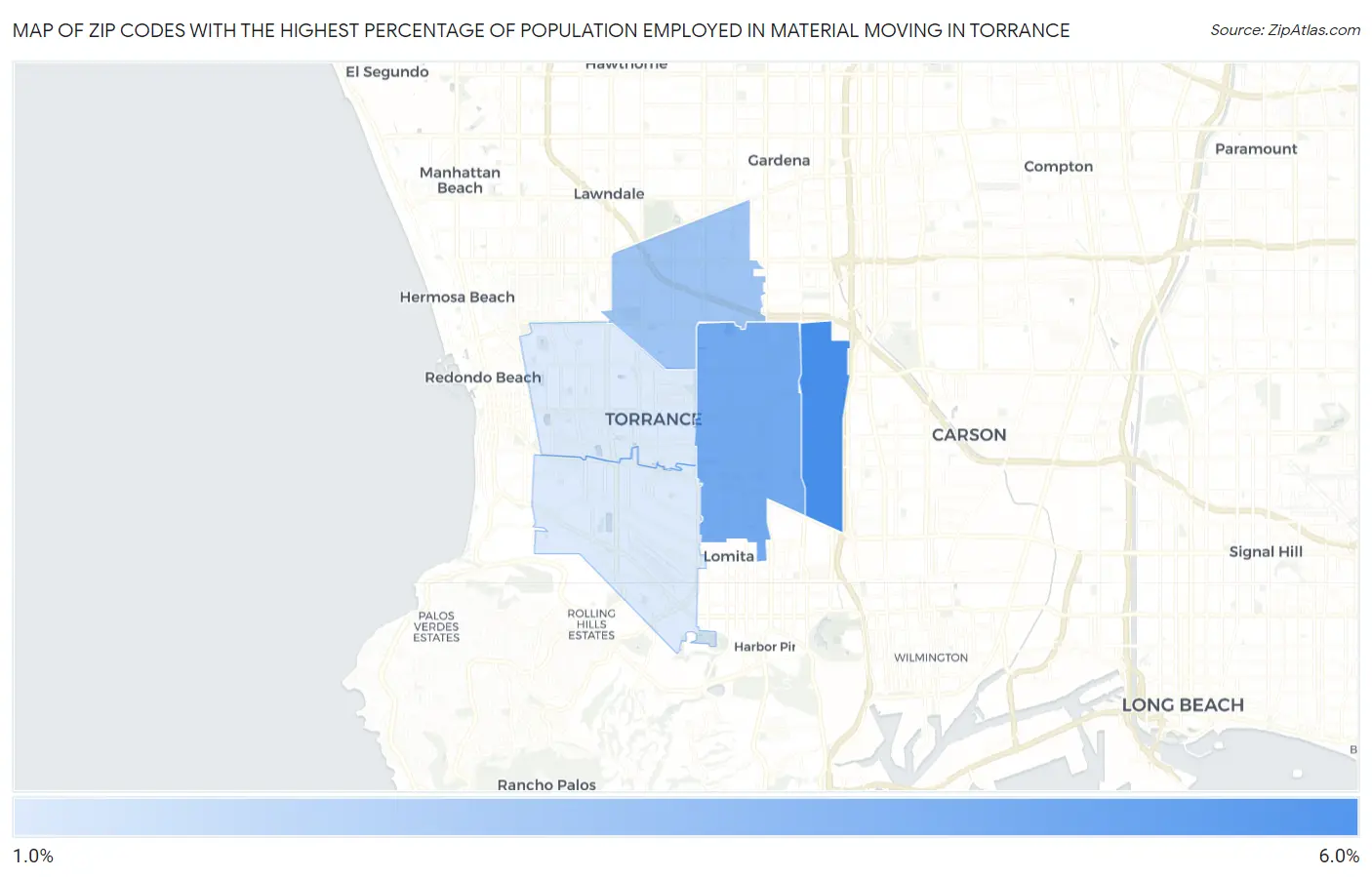 Zip Codes with the Highest Percentage of Population Employed in Material Moving in Torrance Map