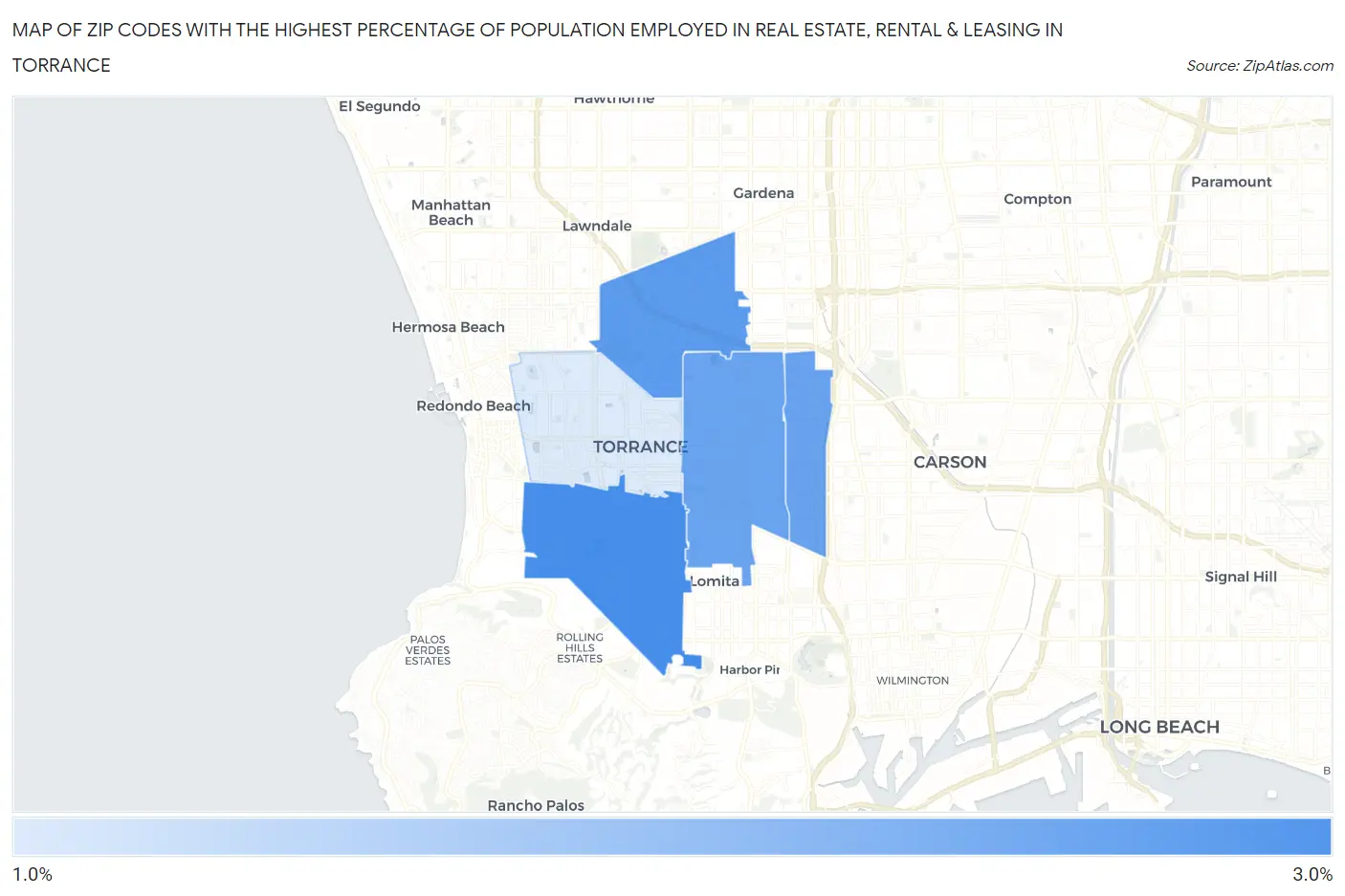 Zip Codes with the Highest Percentage of Population Employed in Real Estate, Rental & Leasing in Torrance Map