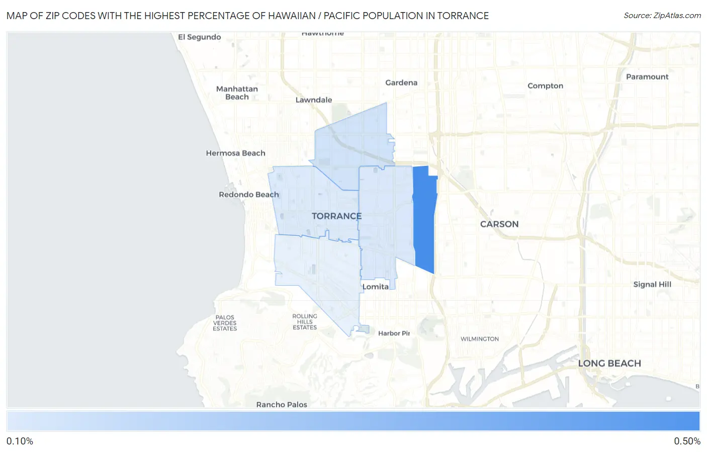 Zip Codes with the Highest Percentage of Hawaiian / Pacific Population in Torrance Map