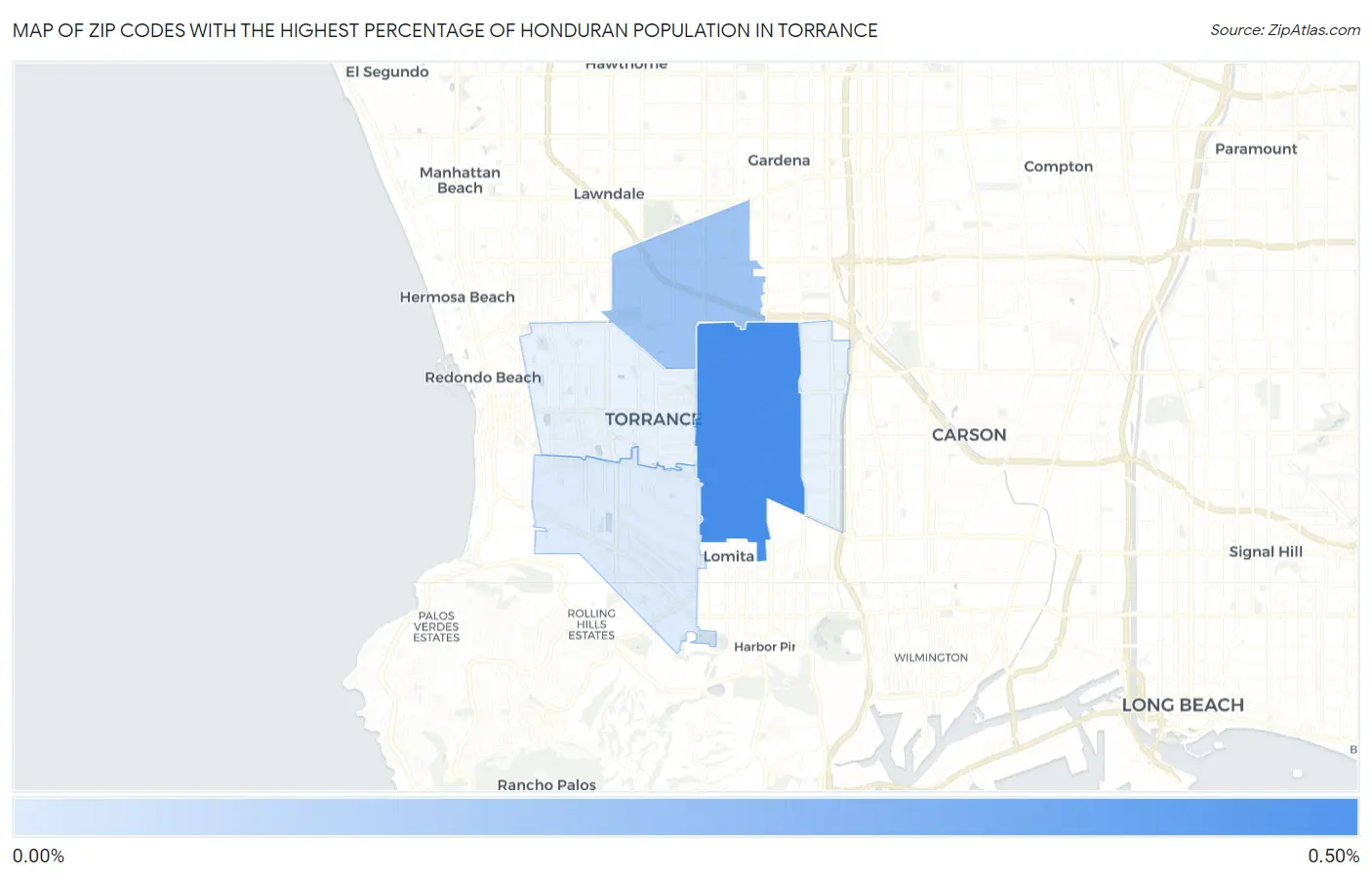 Zip Codes with the Highest Percentage of Honduran Population in Torrance Map
