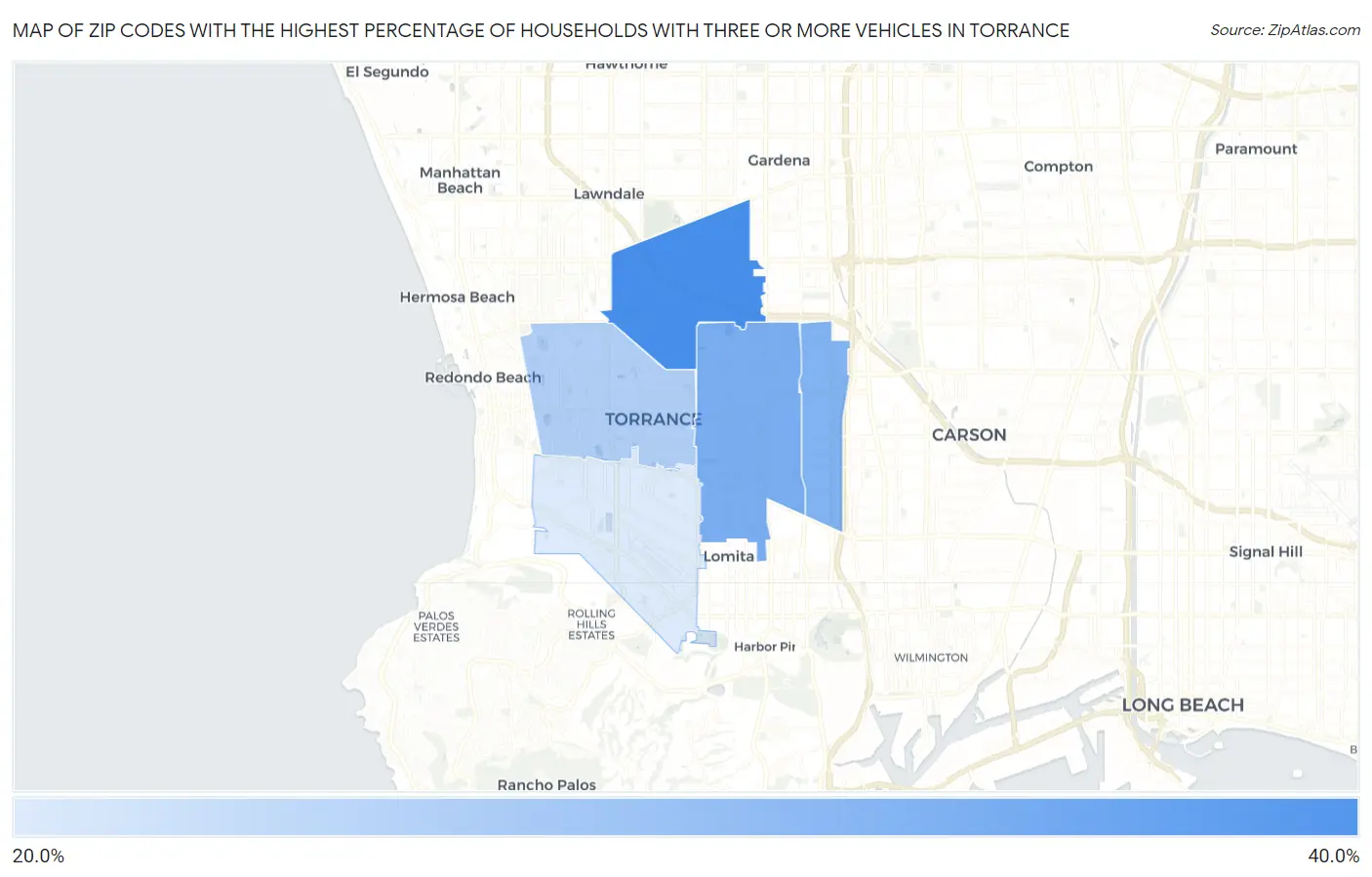 Zip Codes with the Highest Percentage of Households With Three or more Vehicles in Torrance Map