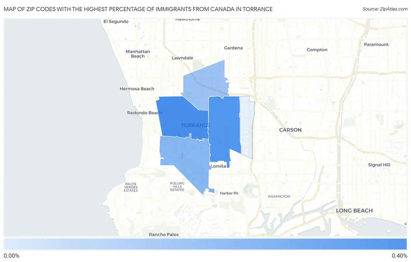 Zip Codes with the Highest Percentage of Immigrants from Canada in Torrance Map