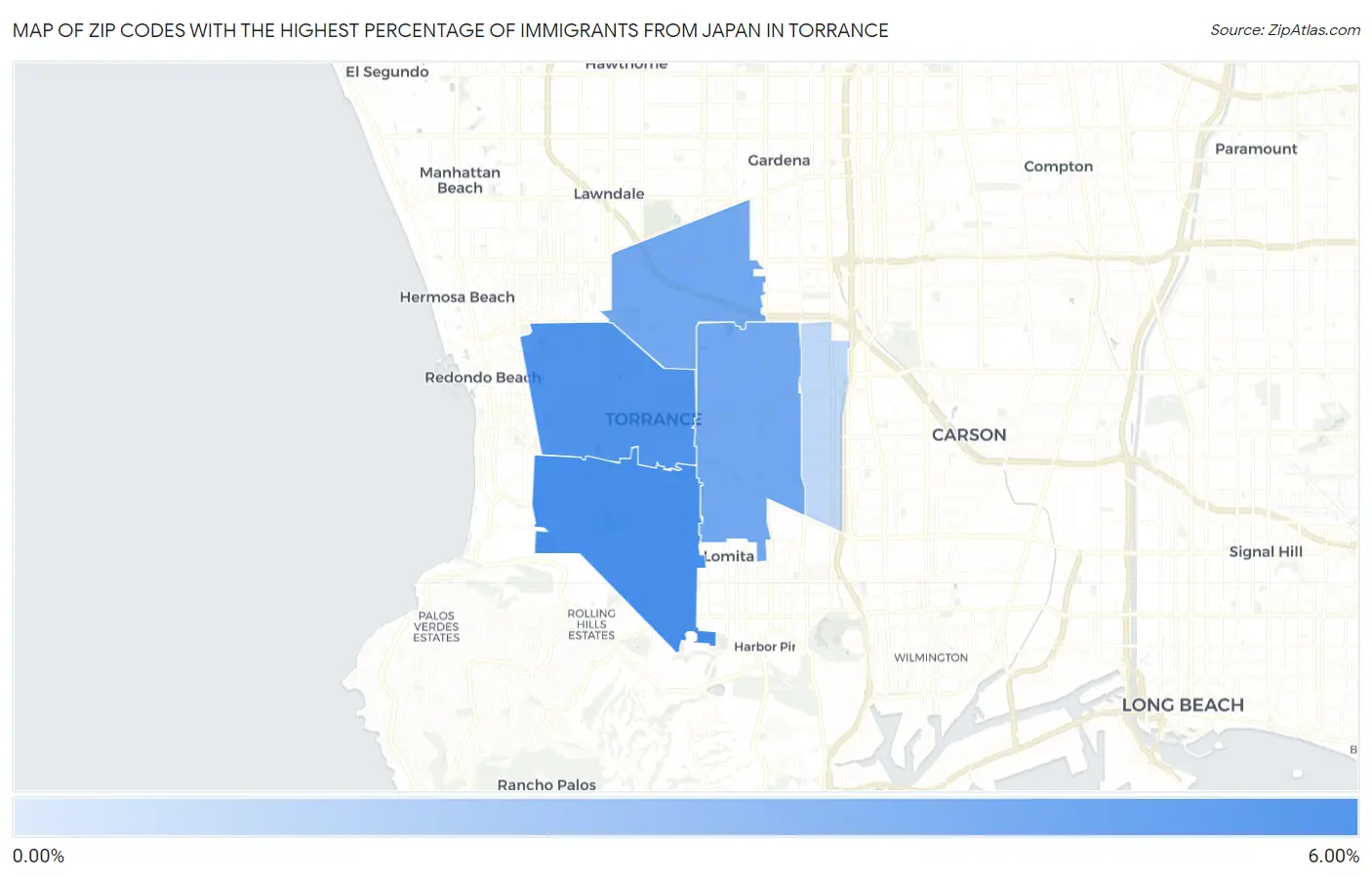 Zip Codes with the Highest Percentage of Immigrants from Japan in Torrance Map