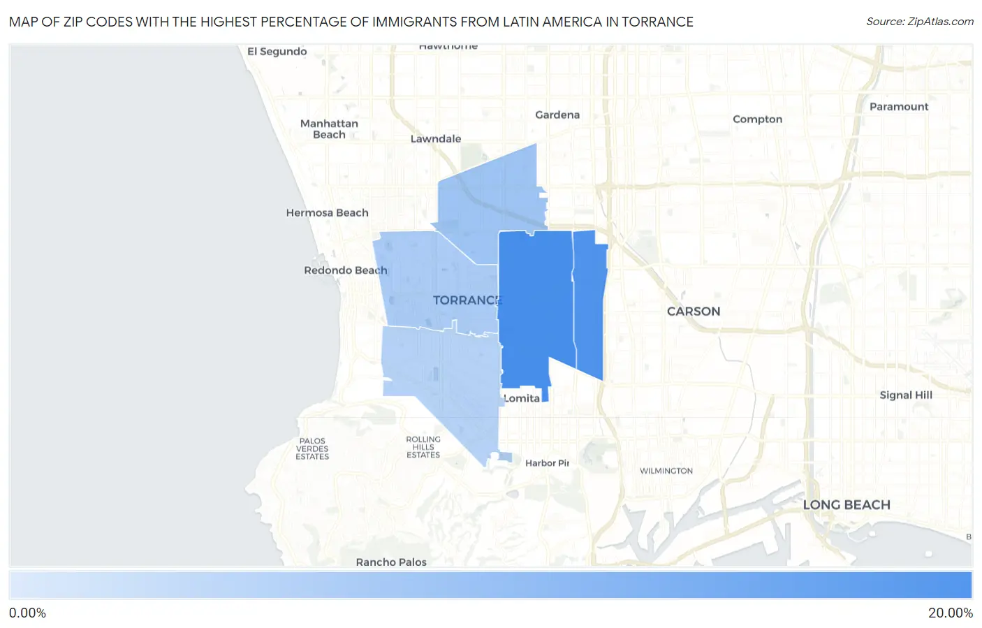 Zip Codes with the Highest Percentage of Immigrants from Latin America in Torrance Map