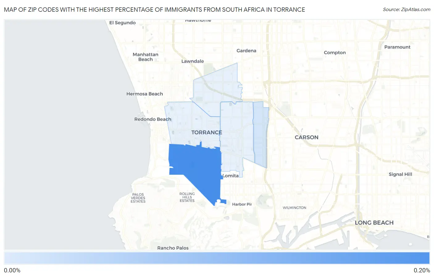 Zip Codes with the Highest Percentage of Immigrants from South Africa in Torrance Map