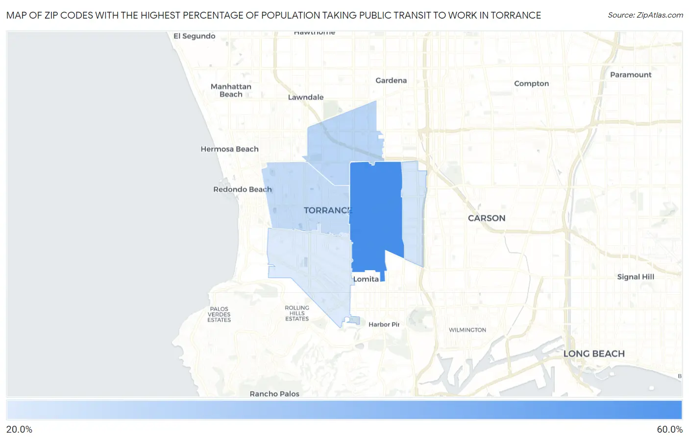 Zip Codes with the Highest Percentage of Population Taking Public Transit to Work in Torrance Map