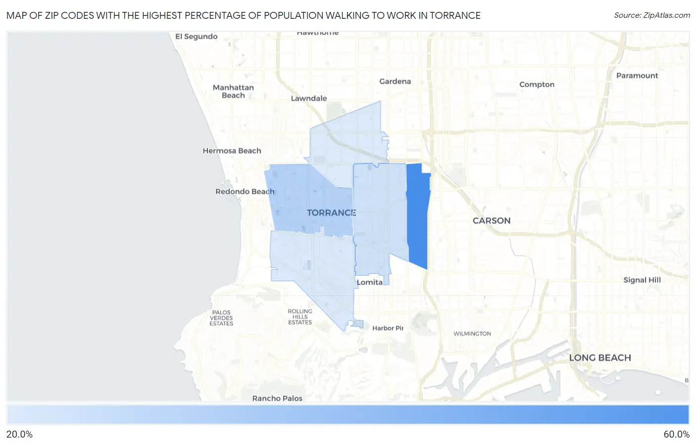 Zip Codes with the Highest Percentage of Population Walking to Work in Torrance Map