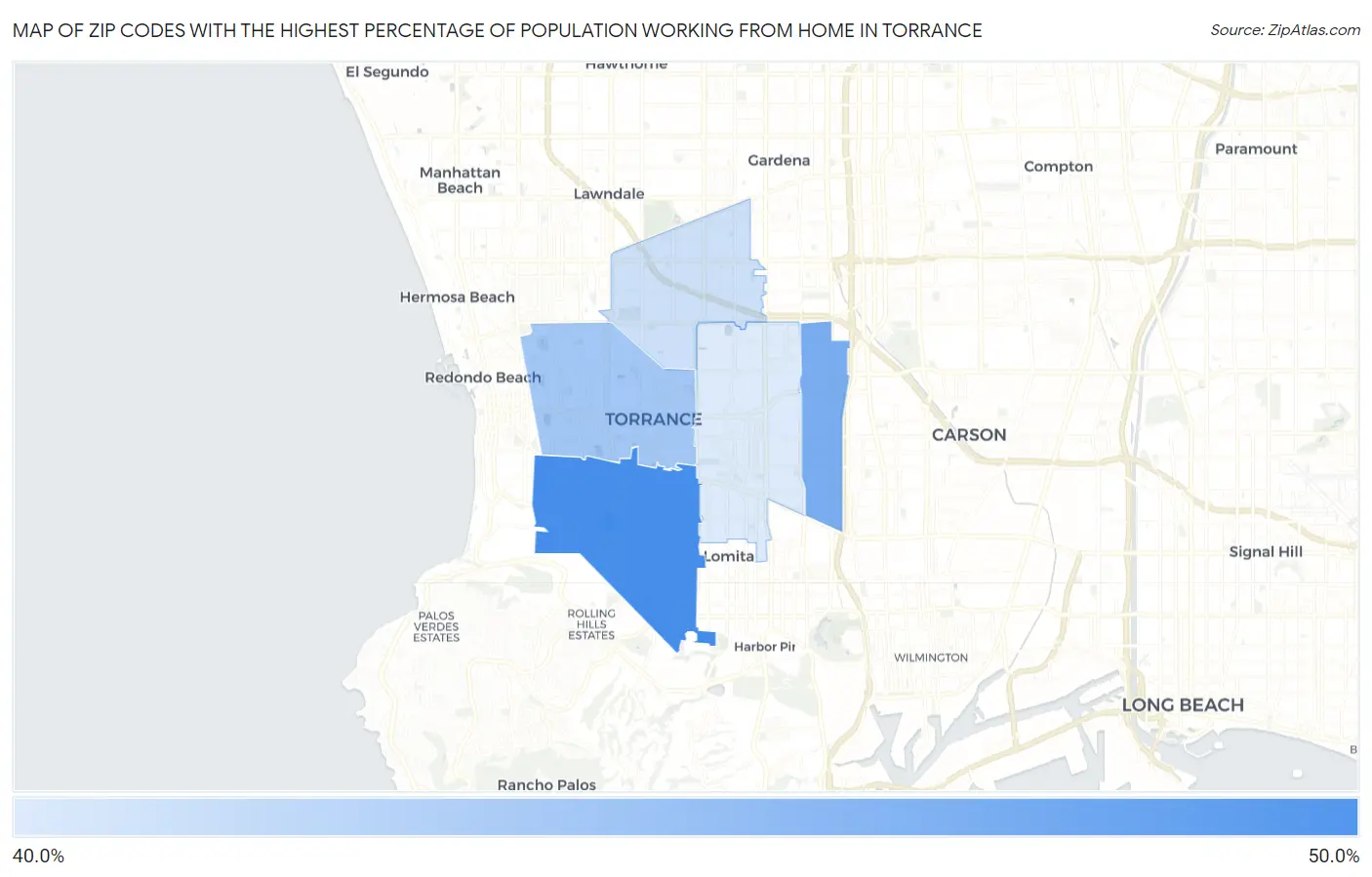 Zip Codes with the Highest Percentage of Population Working from Home in Torrance Map