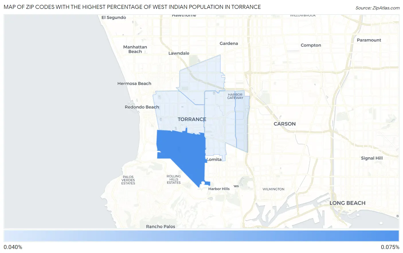 Zip Codes with the Highest Percentage of West Indian Population in Torrance Map