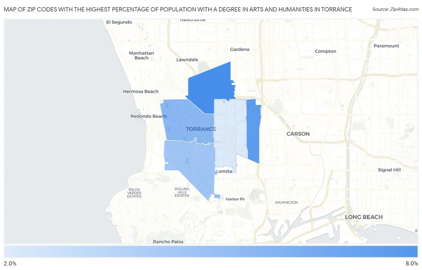Zip Codes with the Highest Percentage of Population with a Degree in Arts and Humanities in Torrance Map