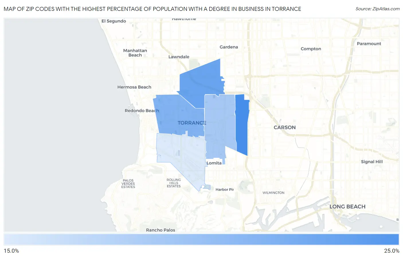 Zip Codes with the Highest Percentage of Population with a Degree in Business in Torrance Map
