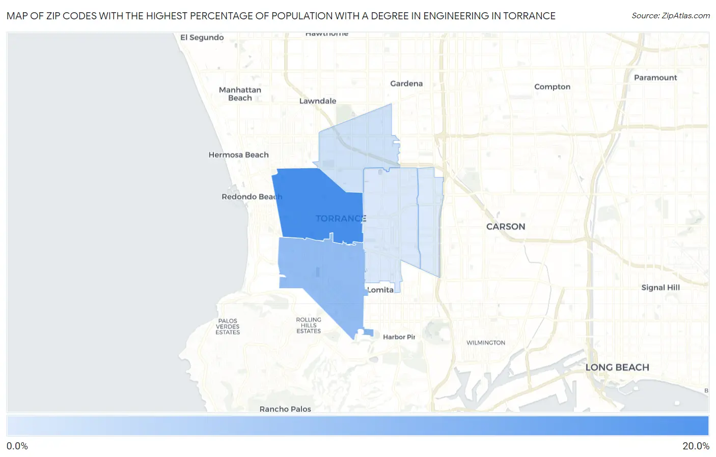 Zip Codes with the Highest Percentage of Population with a Degree in Engineering in Torrance Map
