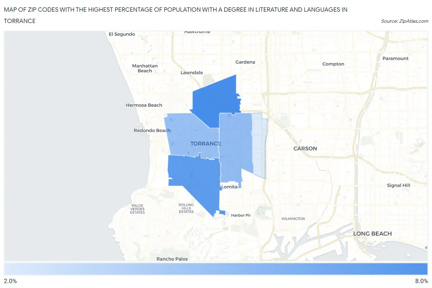 Zip Codes with the Highest Percentage of Population with a Degree in Literature and Languages in Torrance Map