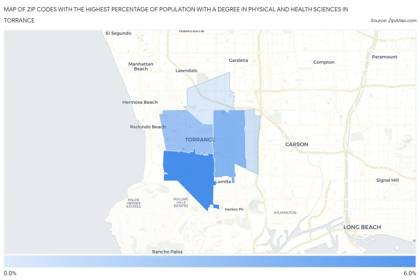 Zip Codes with the Highest Percentage of Population with a Degree in Physical and Health Sciences in Torrance Map