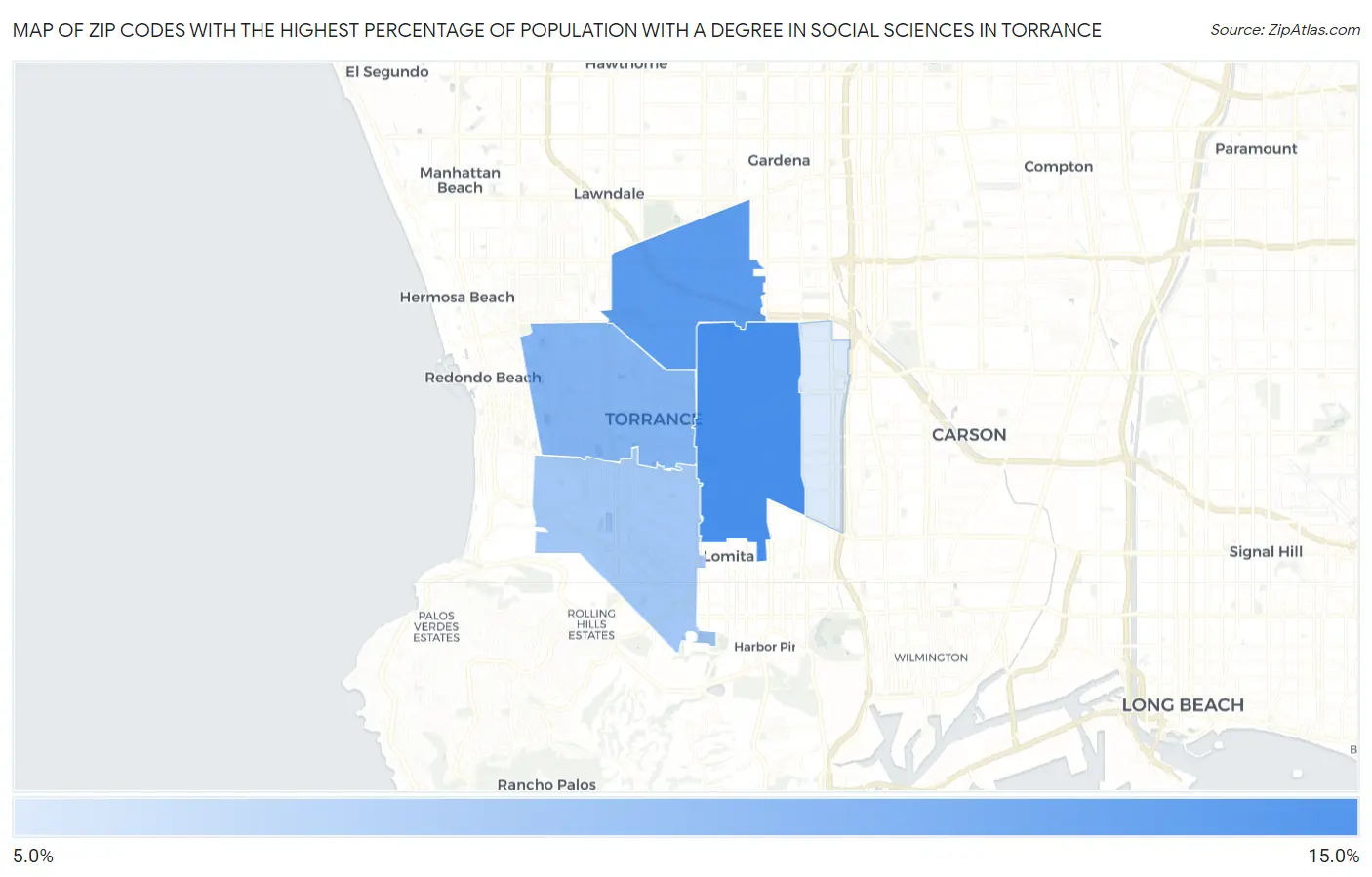 Zip Codes with the Highest Percentage of Population with a Degree in Social Sciences in Torrance Map