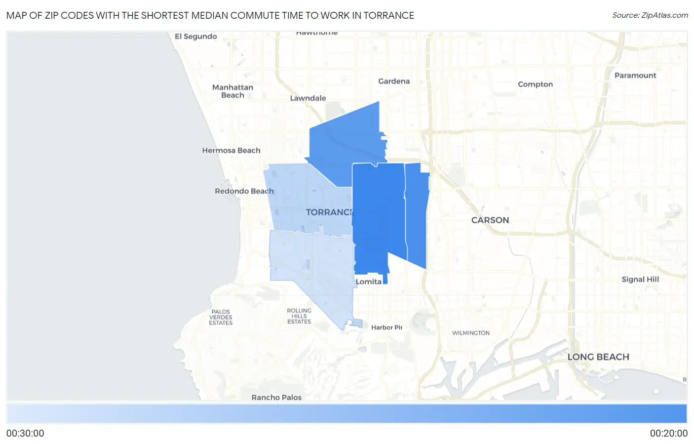Zip Codes with the Shortest Median Commute Time to Work in Torrance Map