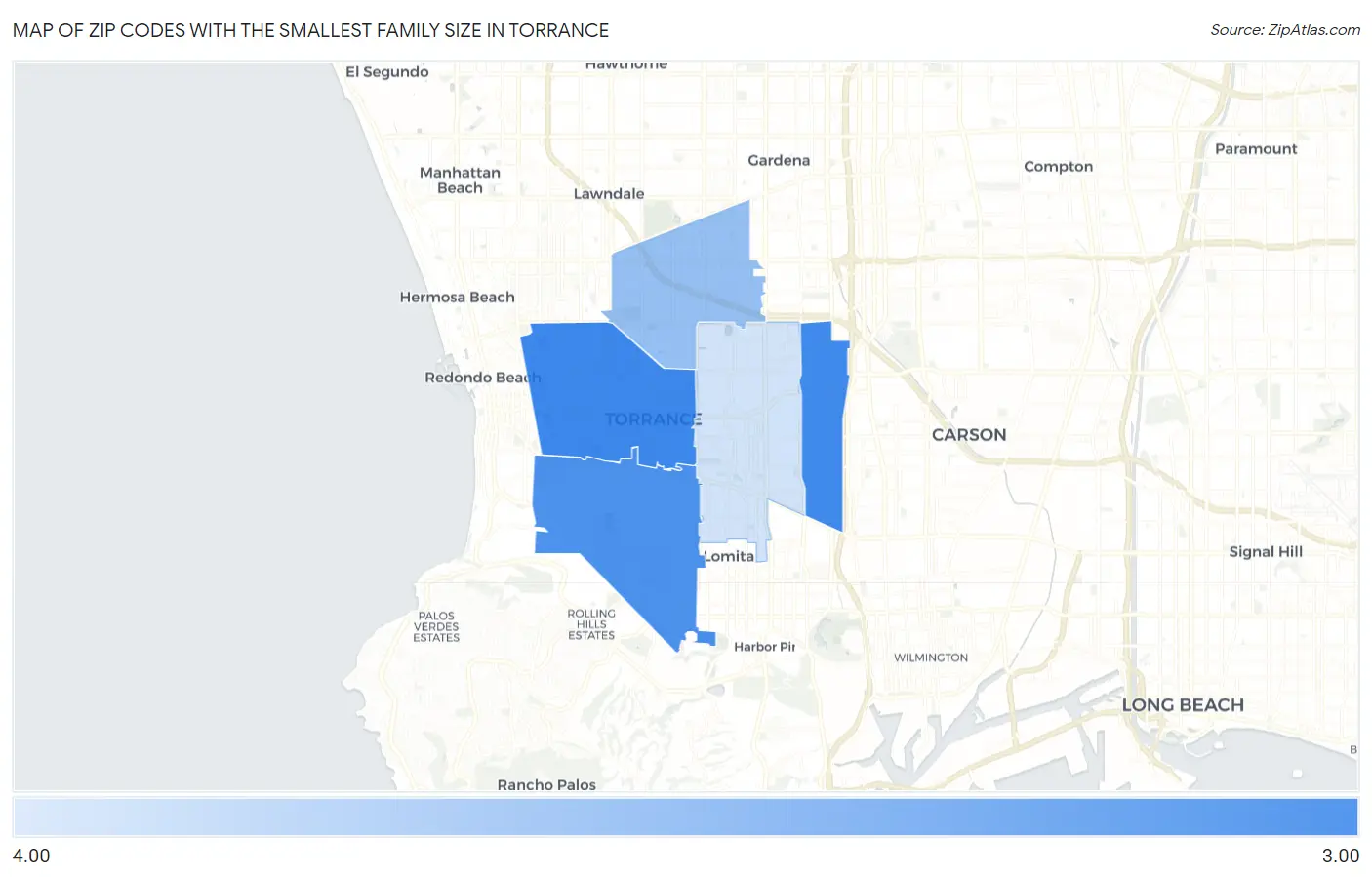 Zip Codes with the Smallest Family Size in Torrance Map