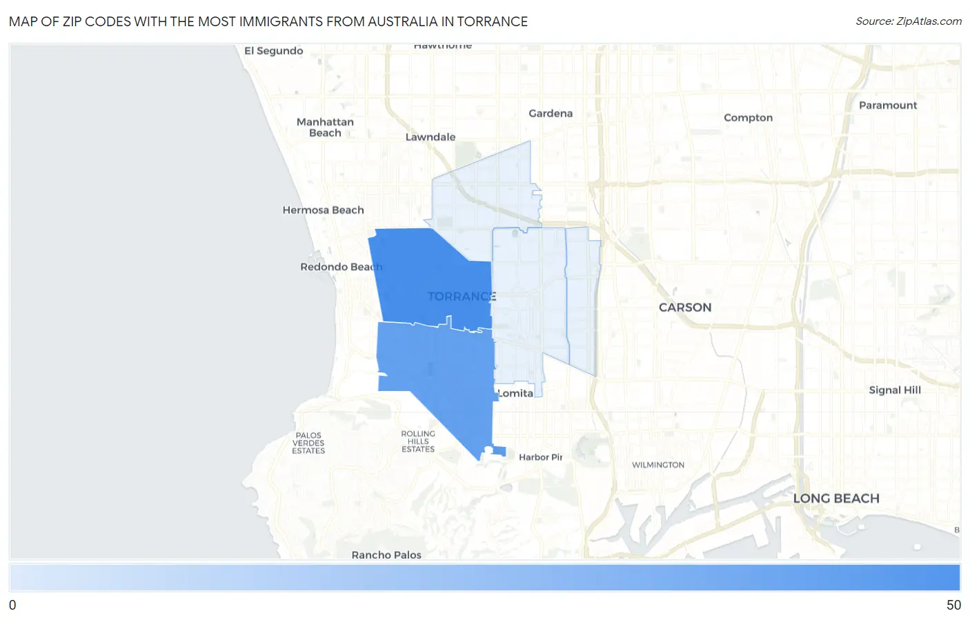 Zip Codes with the Most Immigrants from Australia in Torrance Map