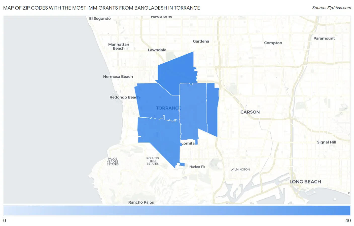 Zip Codes with the Most Immigrants from Bangladesh in Torrance Map