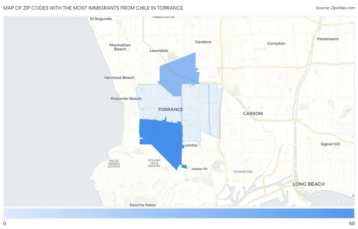 Zip Codes with the Most Immigrants from Chile in Torrance Map