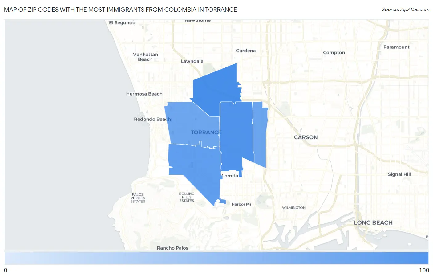 Zip Codes with the Most Immigrants from Colombia in Torrance Map