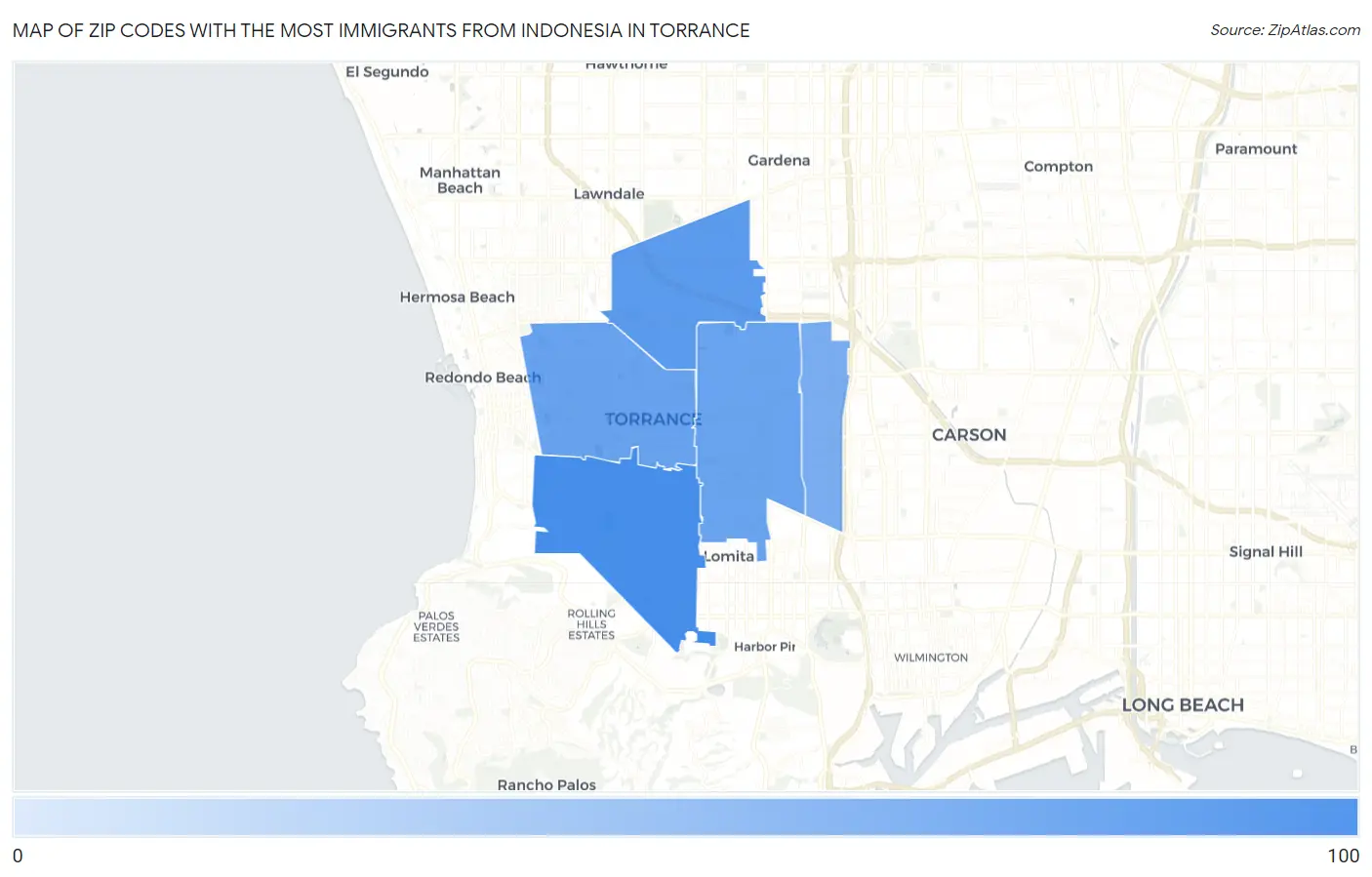 Zip Codes with the Most Immigrants from Indonesia in Torrance Map