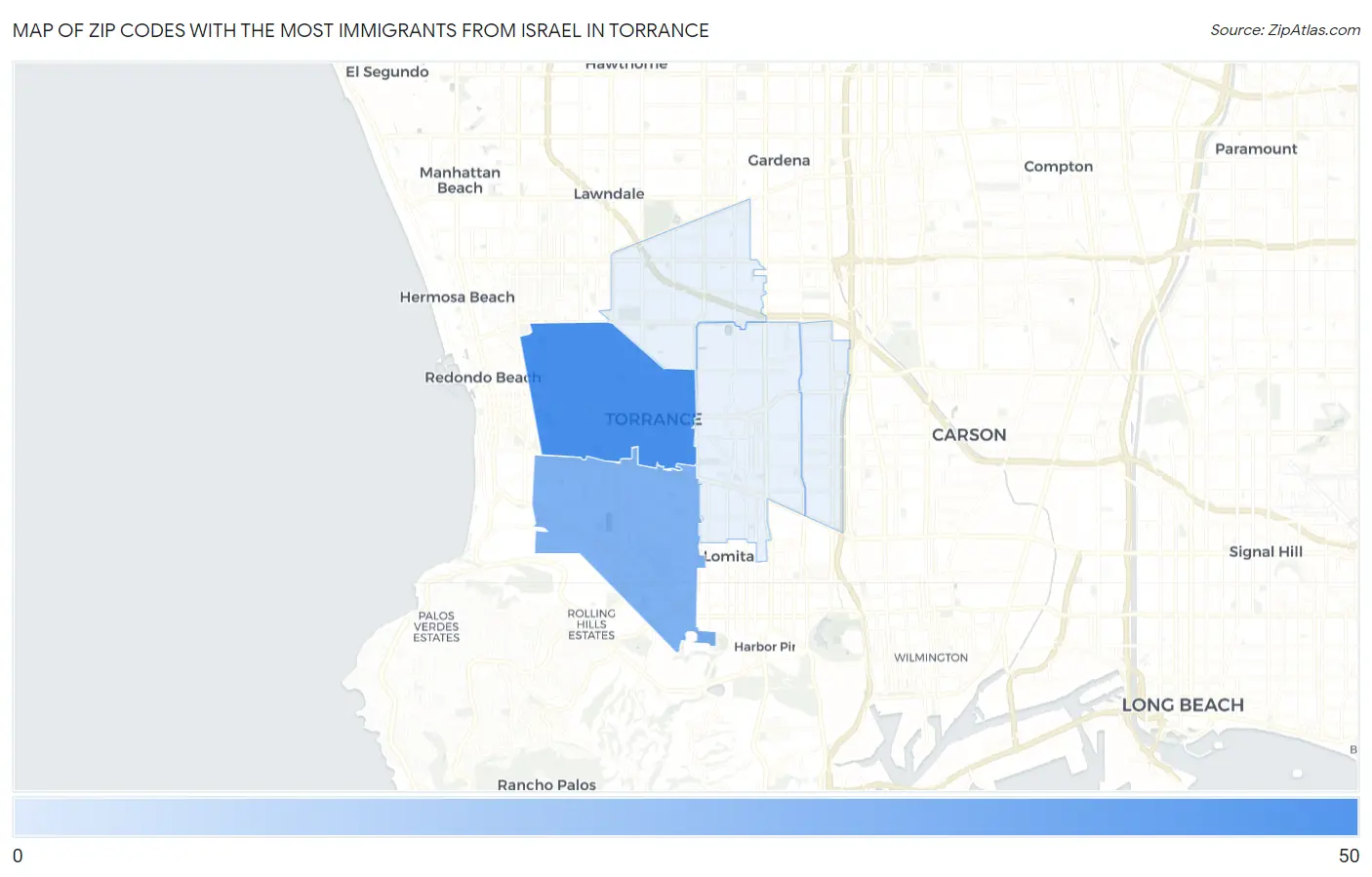 Zip Codes with the Most Immigrants from Israel in Torrance Map