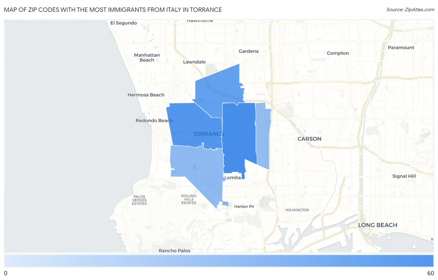 Zip Codes with the Most Immigrants from Italy in Torrance Map