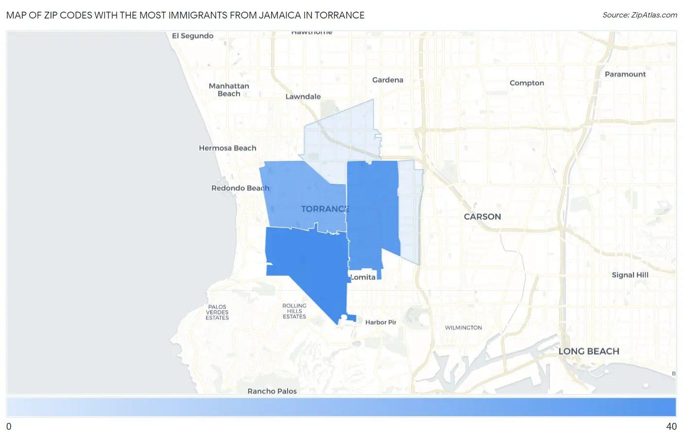Zip Codes with the Most Immigrants from Jamaica in Torrance Map