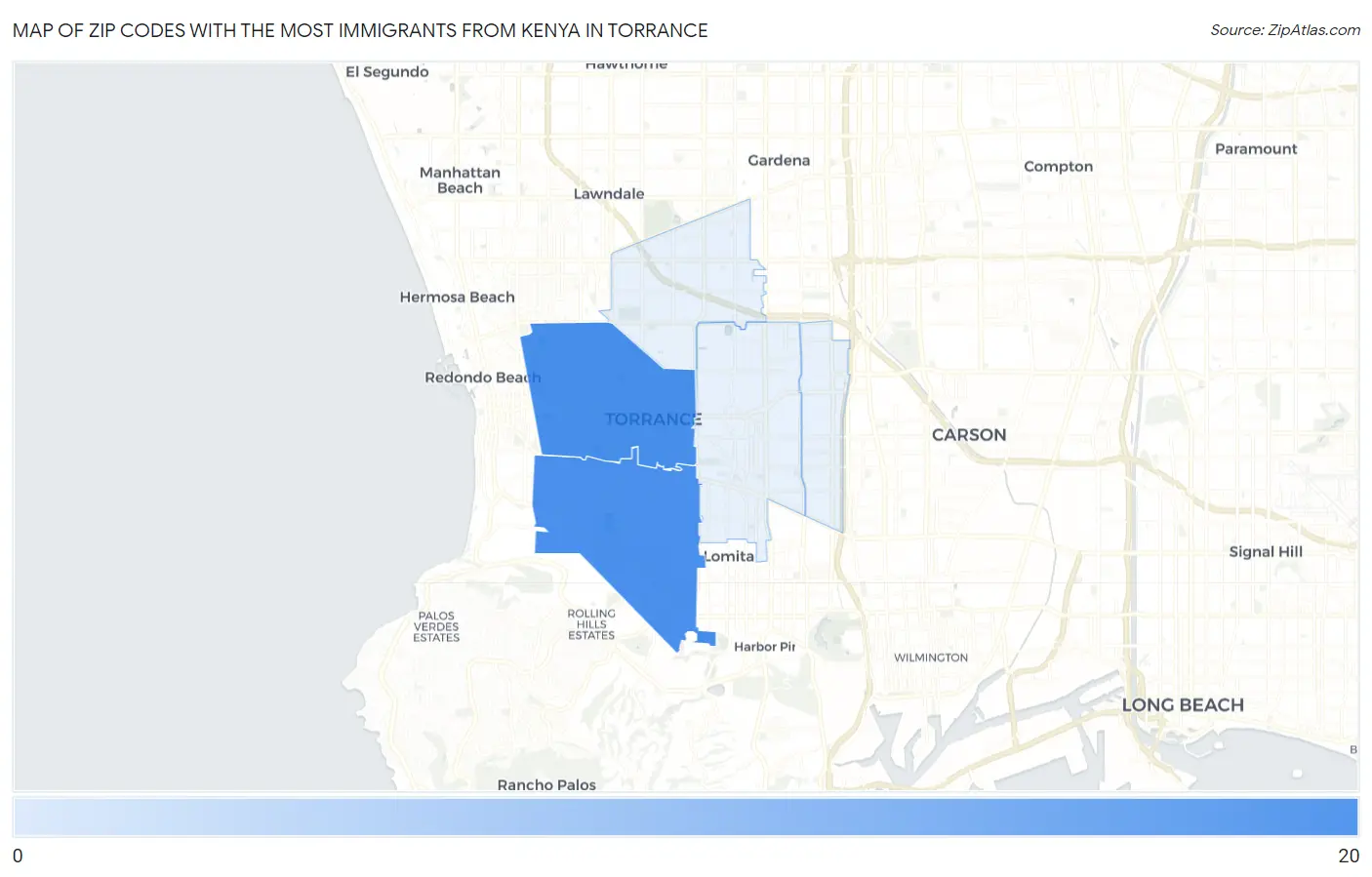 Zip Codes with the Most Immigrants from Kenya in Torrance Map
