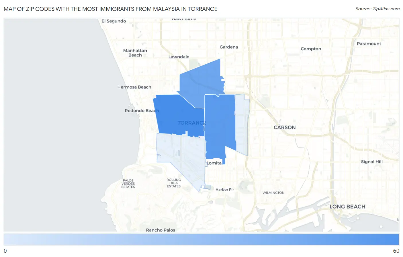 Zip Codes with the Most Immigrants from Malaysia in Torrance Map