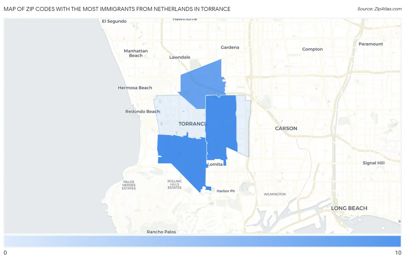 Zip Codes with the Most Immigrants from Netherlands in Torrance Map