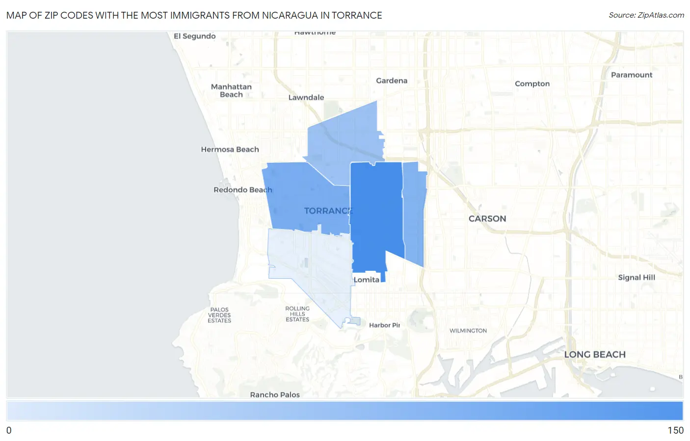 Zip Codes with the Most Immigrants from Nicaragua in Torrance Map