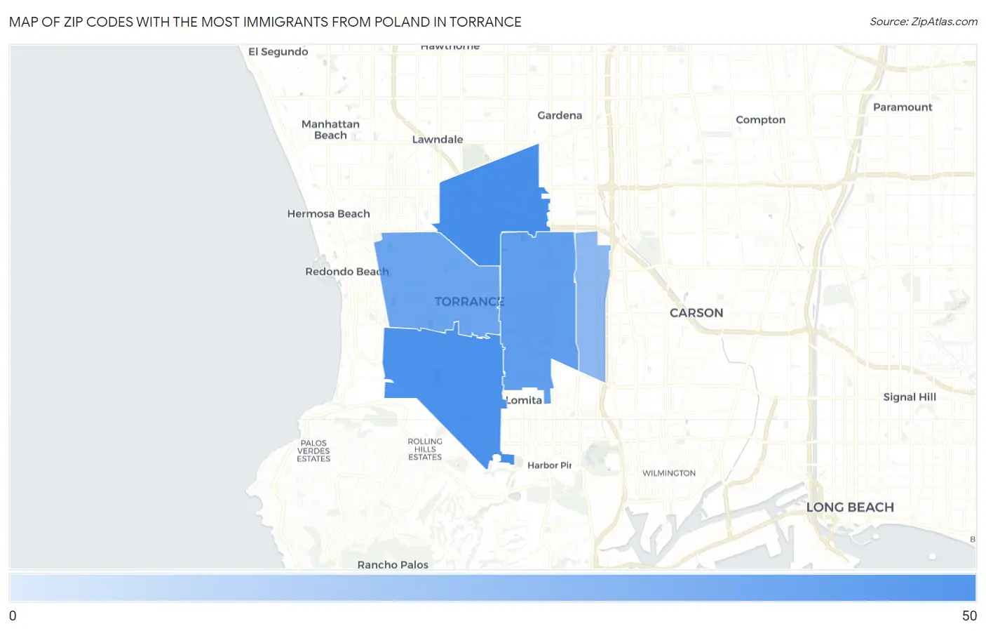 Zip Codes with the Most Immigrants from Poland in Torrance Map