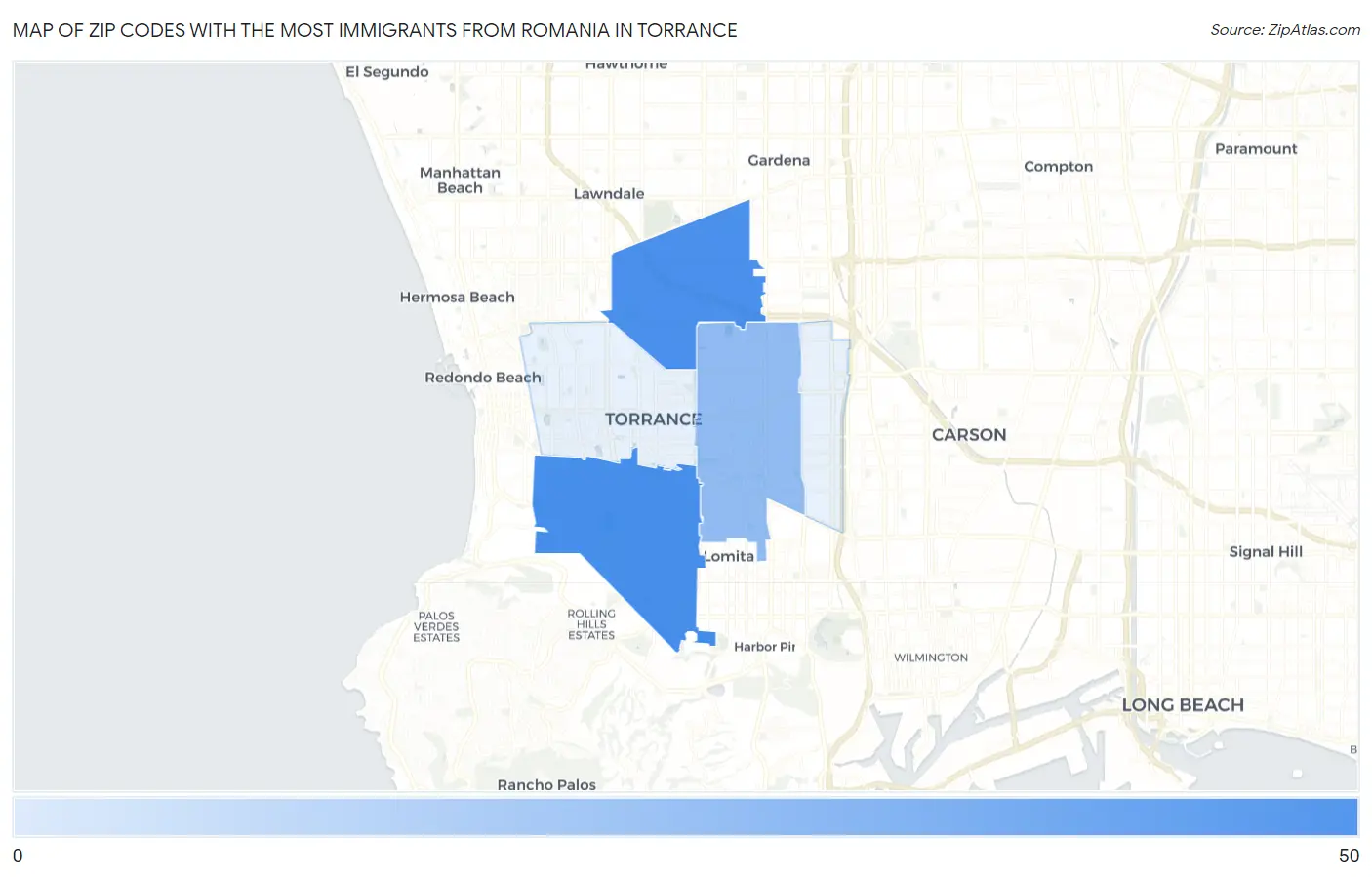 Zip Codes with the Most Immigrants from Romania in Torrance Map