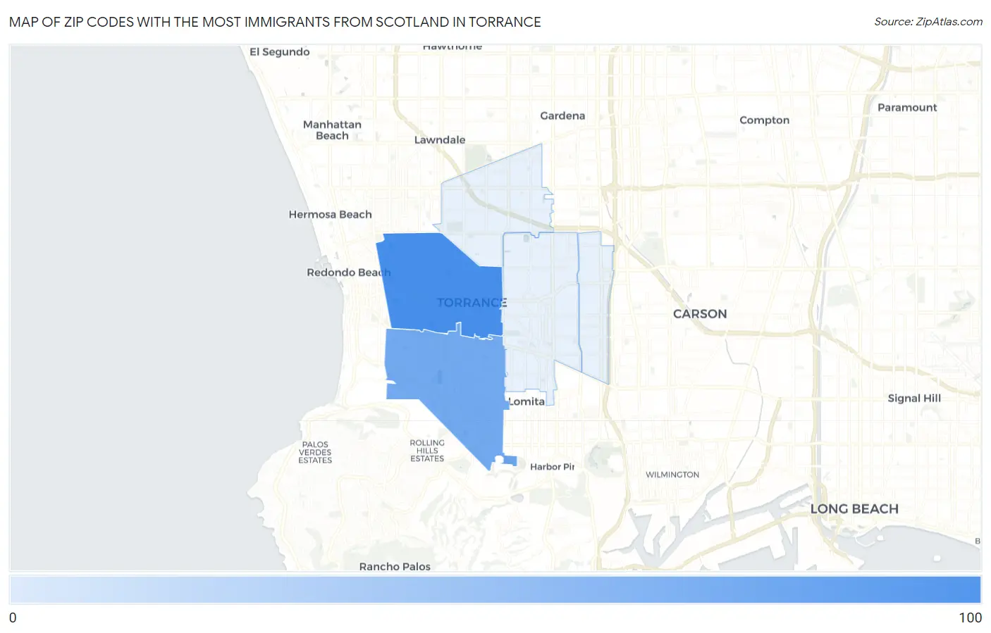 Zip Codes with the Most Immigrants from Scotland in Torrance Map