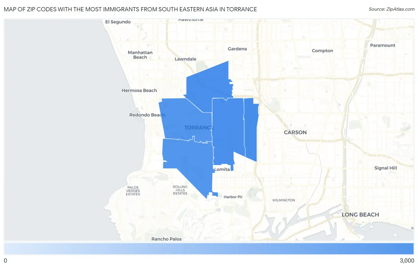 Zip Codes with the Most Immigrants from South Eastern Asia in Torrance Map