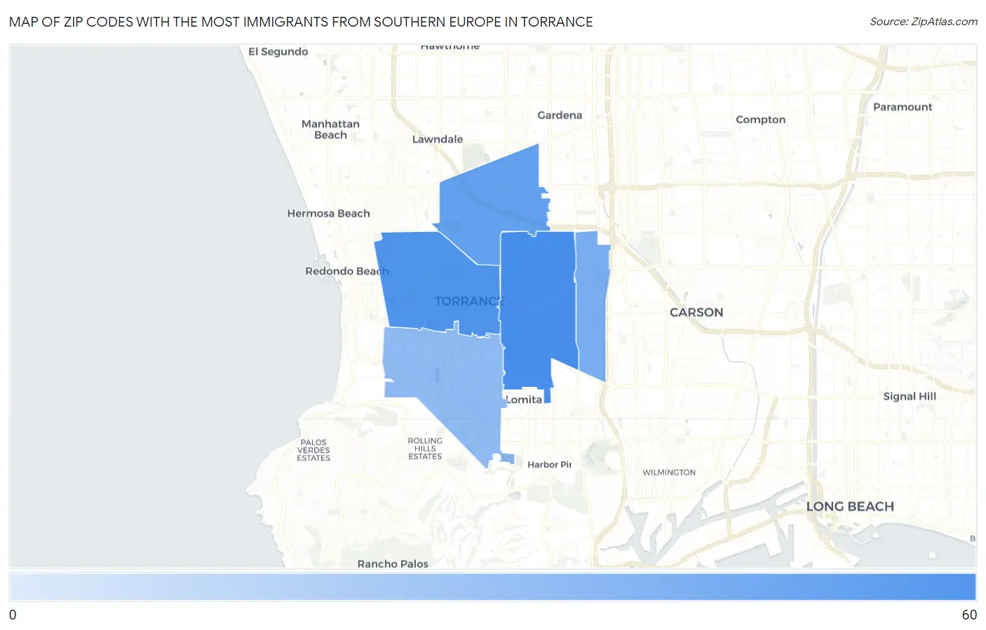 Zip Codes with the Most Immigrants from Southern Europe in Torrance Map
