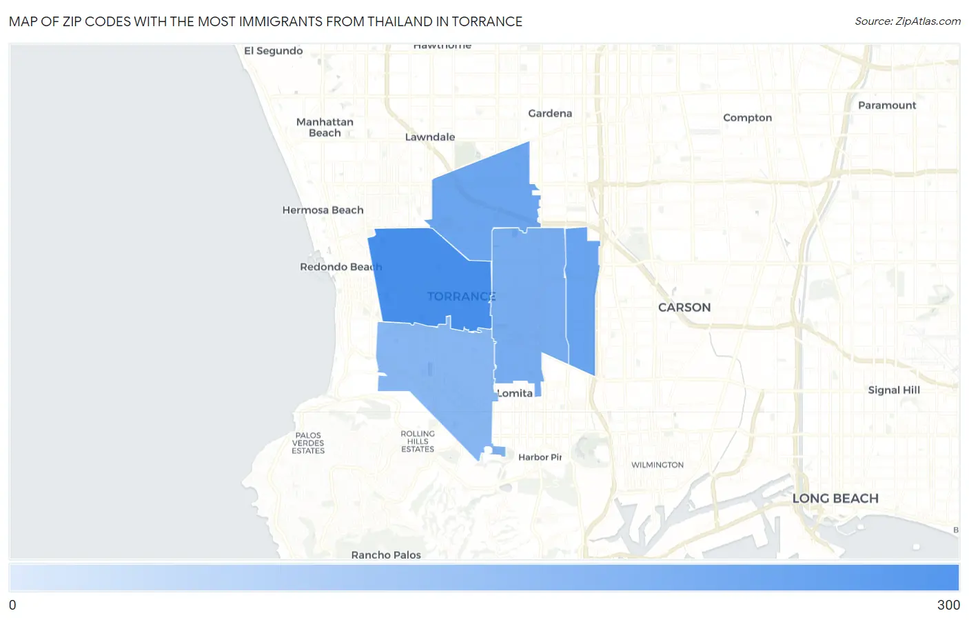Zip Codes with the Most Immigrants from Thailand in Torrance Map