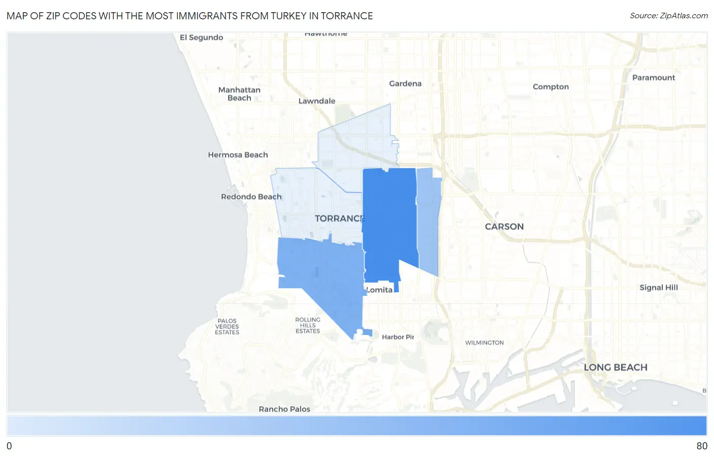 Zip Codes with the Most Immigrants from Turkey in Torrance Map