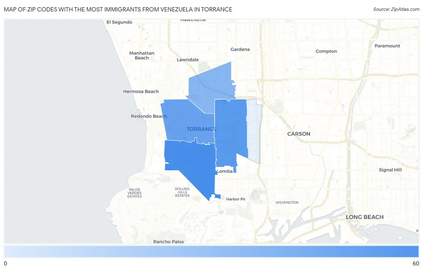 Zip Codes with the Most Immigrants from Venezuela in Torrance Map