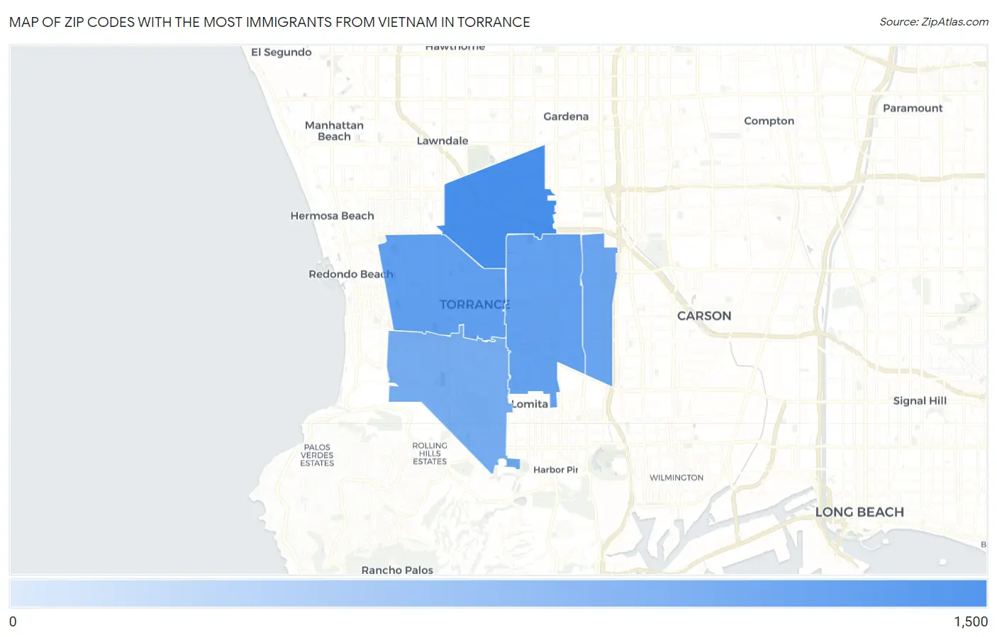 Zip Codes with the Most Immigrants from Vietnam in Torrance Map