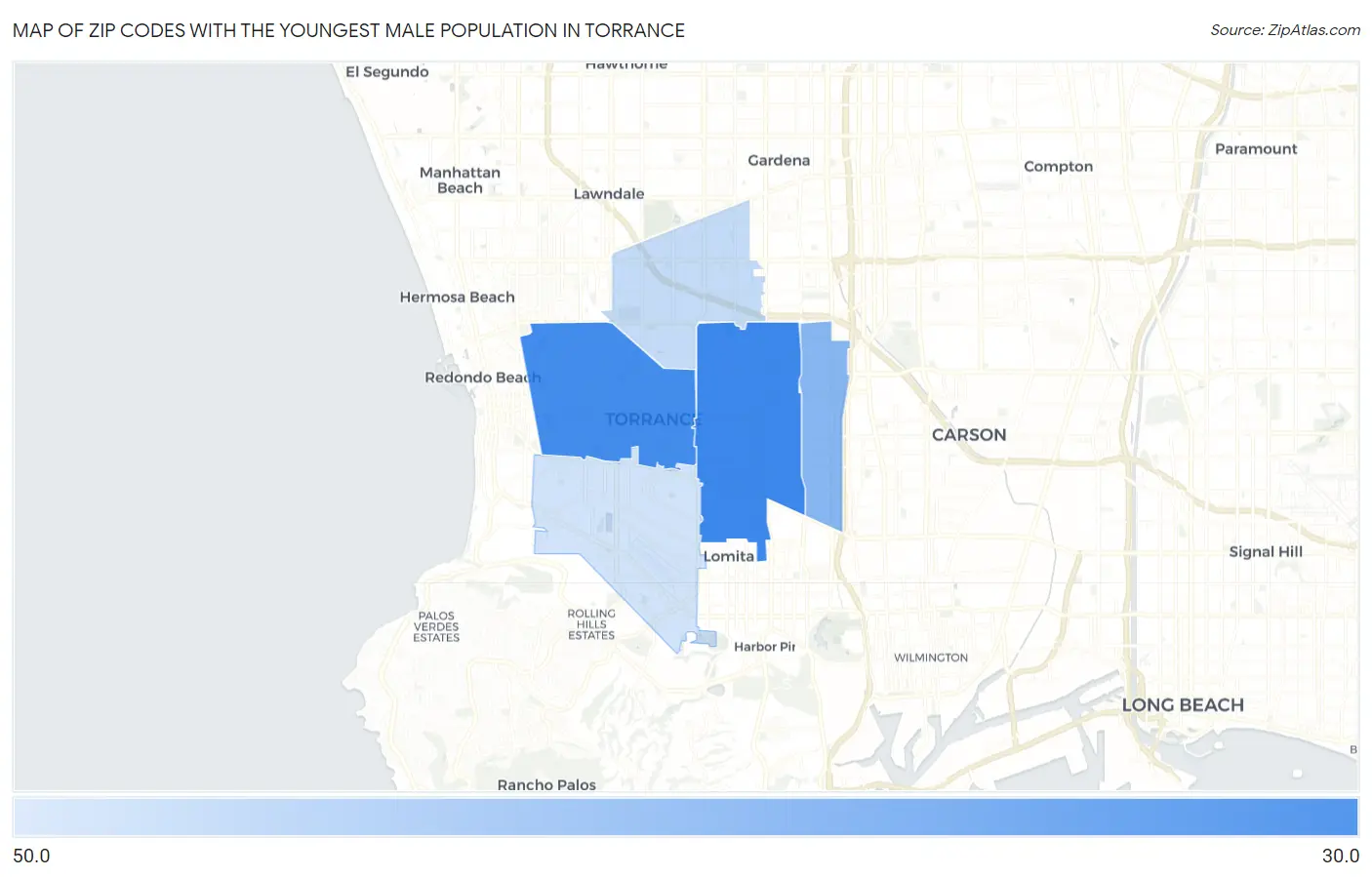 Zip Codes with the Youngest Male Population in Torrance Map