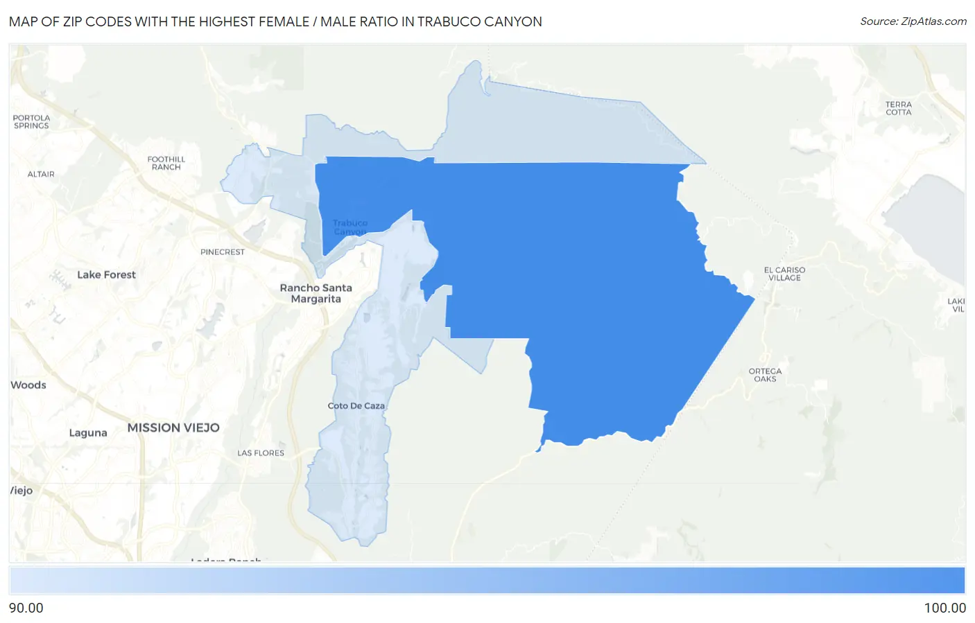 Zip Codes with the Highest Female / Male Ratio in Trabuco Canyon Map