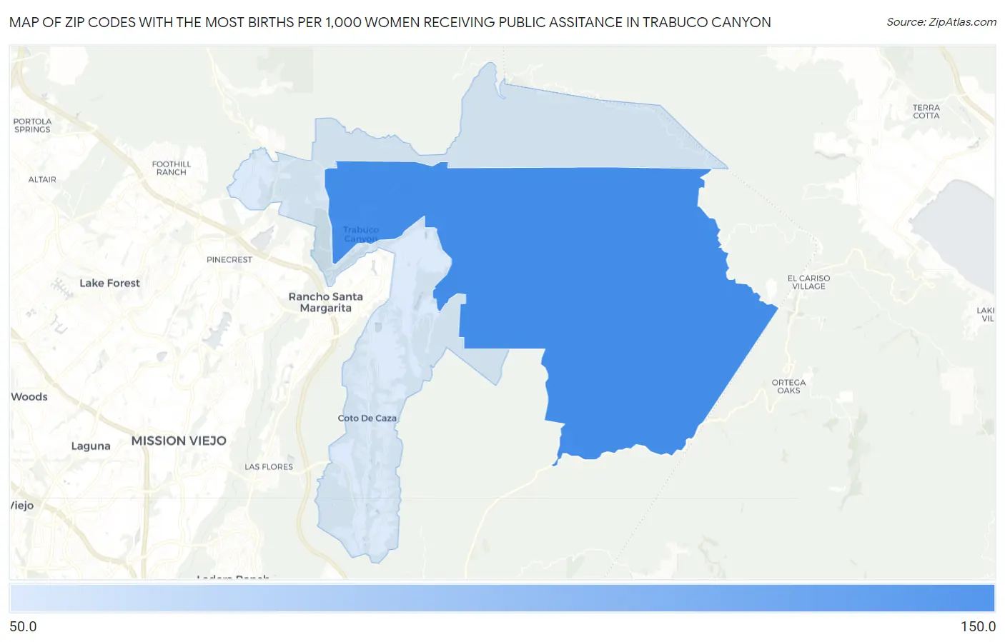Zip Codes with the Most Births per 1,000 Women Receiving Public Assitance in Trabuco Canyon Map