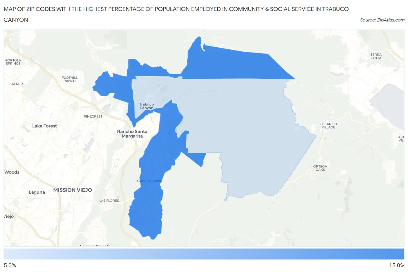 Zip Codes with the Highest Percentage of Population Employed in Community & Social Service  in Trabuco Canyon Map