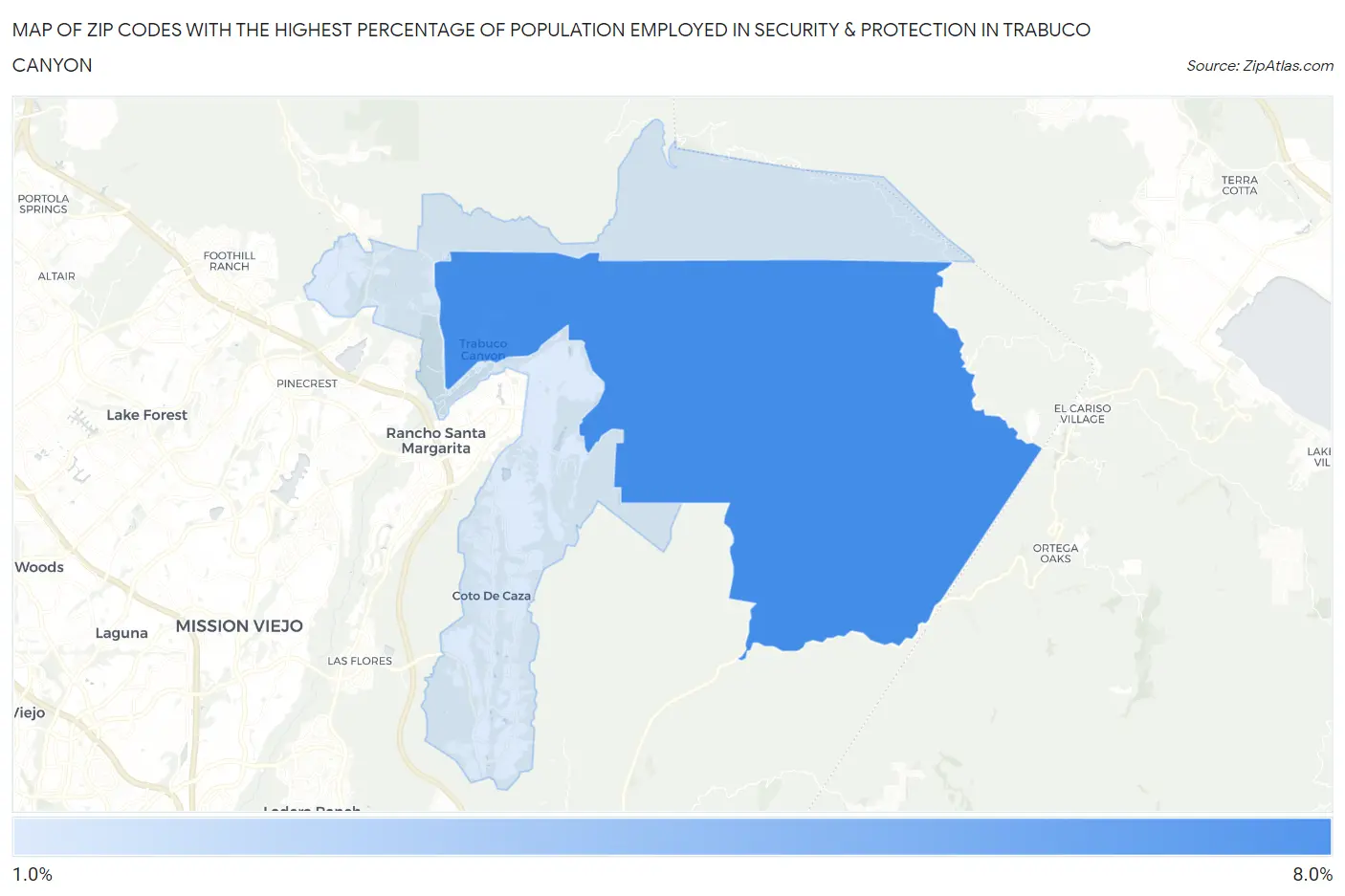 Zip Codes with the Highest Percentage of Population Employed in Security & Protection in Trabuco Canyon Map
