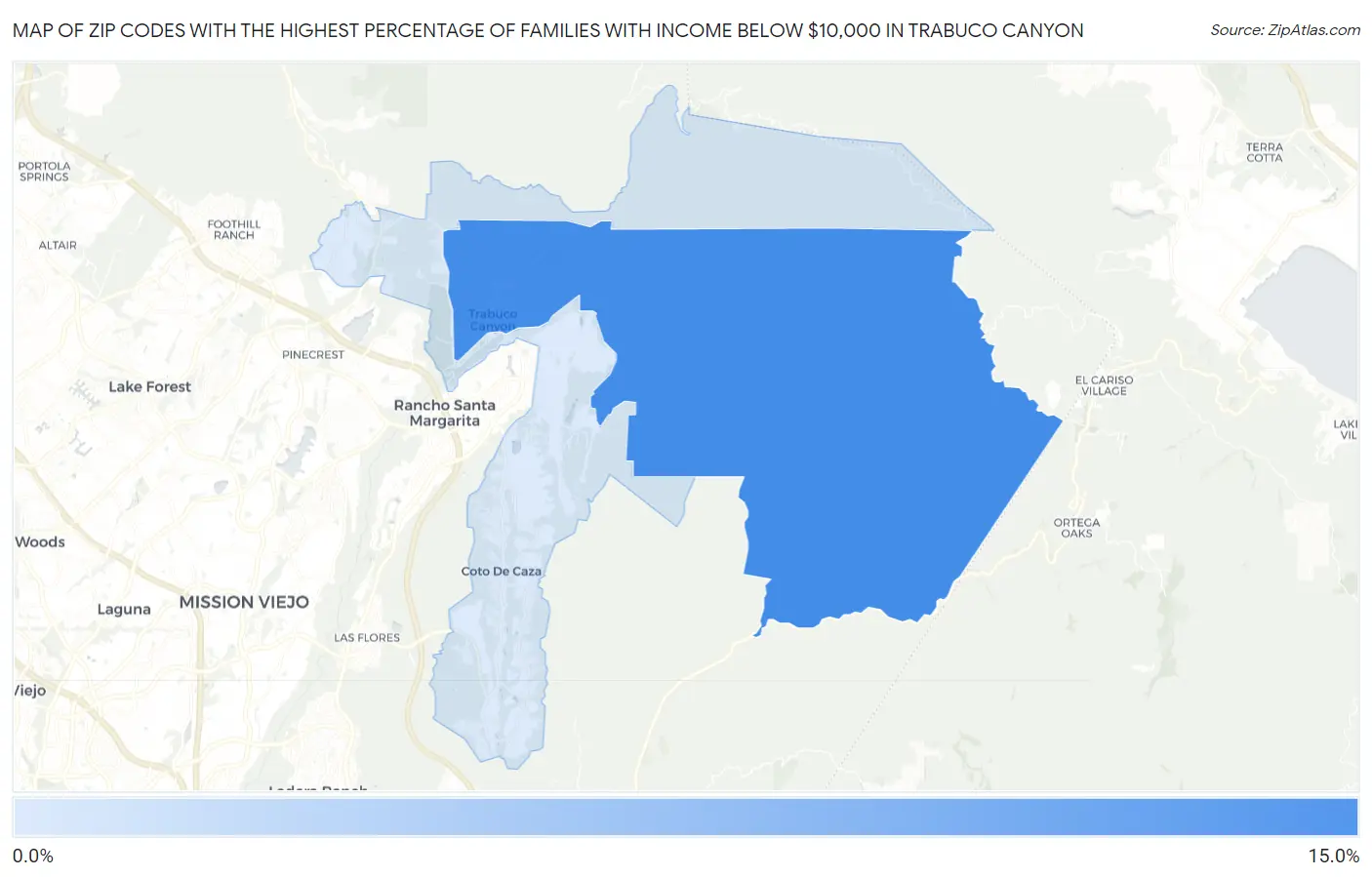 Zip Codes with the Highest Percentage of Families with Income Below $10,000 in Trabuco Canyon Map