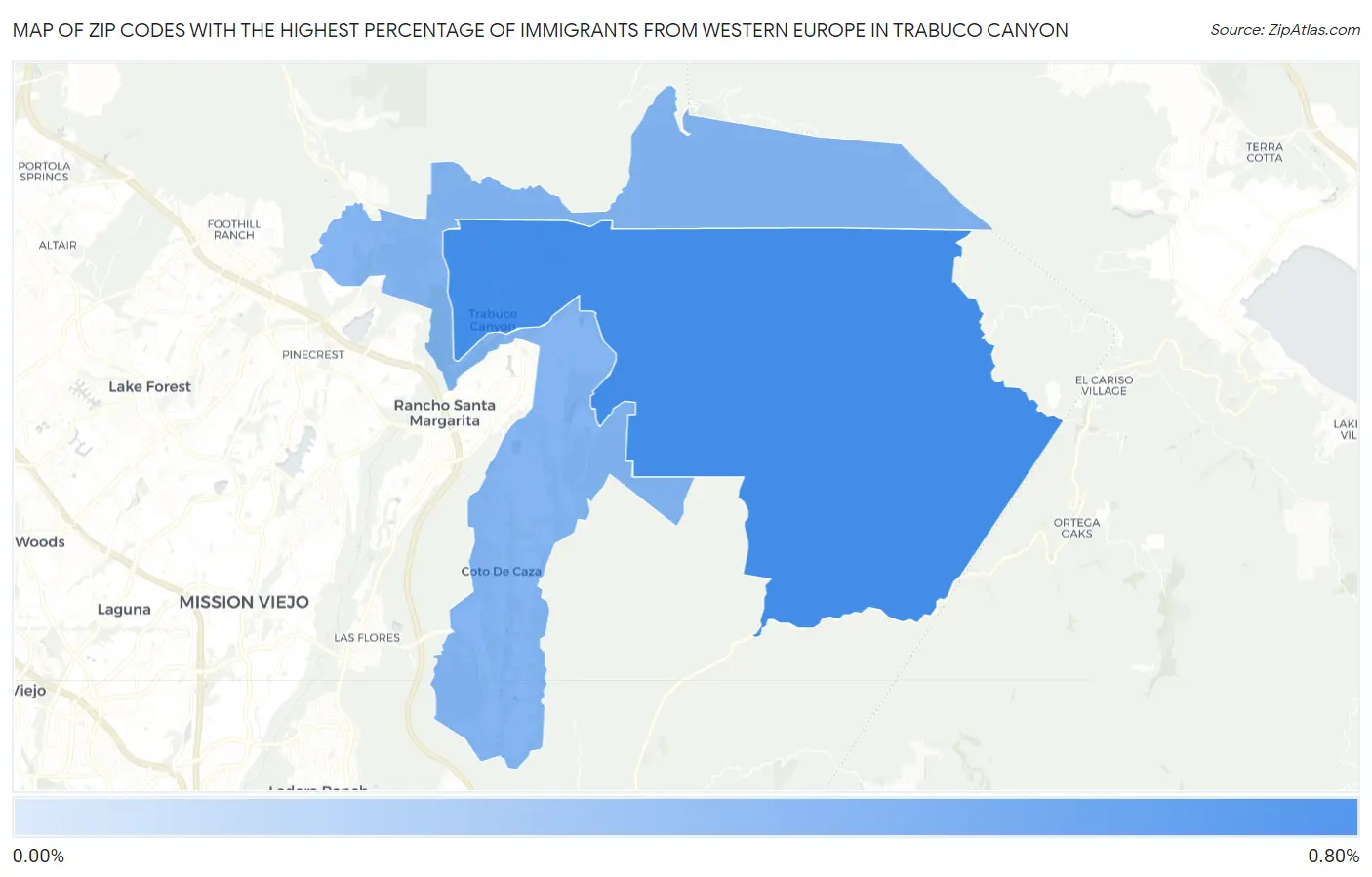 Zip Codes with the Highest Percentage of Immigrants from Western Europe in Trabuco Canyon Map
