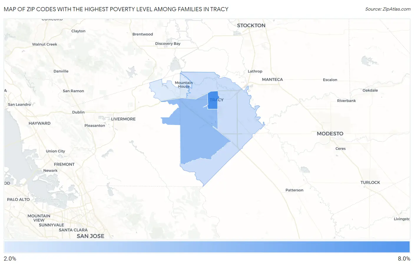 Zip Codes with the Highest Poverty Level Among Families in Tracy Map